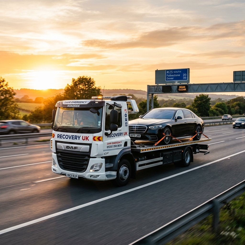 Recovery tow truck carrying luxury sedan on highway